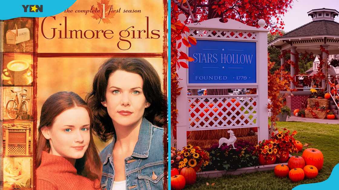 The Gilmore Girls' Season 1 cover art (left). A signboard from the show's fictional town, Stars Hollow (right).