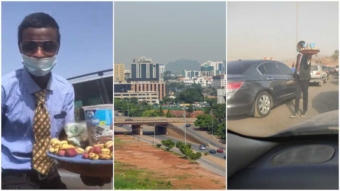 Young Nigerian man with suits and tie hawks kola nuts, sweets in Abuja traffic, his video goes viral Young Nigerian man with suits and tie hawks kola nuts, sweets in Abuja traffic, his video goes viral
