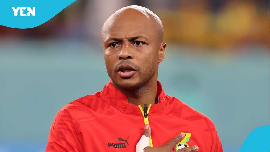 Andre Ayew of Ghana reacts during the line up for the National anthems prior to kick off in the FIFA World Cup Qatar 2022 Group H match between Ghana and Uruguay at Al Janoub Stadium on December 02, 2022 in Al Wakrah, Qatar Andre Ayew of Ghana reacts during the line up for the National anthems prior to kick off in the FIFA World Cup Qatar 2022 Group H match between Ghana and Uruguay at Al Janoub Stadium on December 02, 2022 in Al Wakrah, Qatar