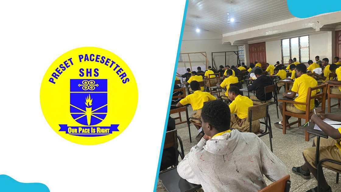 The logo of Preset Pacesetters Senior High School next to students in a classroom.