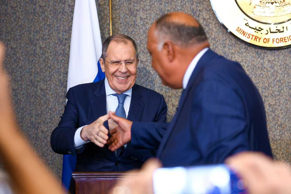Russian Foreign Minister Sergei Lavrov is greeted by Egyptian counterpart Sameh Shoukry on the first leg of an African tour focused on reassuring customers of Russian grain that their needs will be met Russian Foreign Minister Sergei Lavrov is greeted by Egyptian counterpart Sameh Shoukry on the first leg of an African tour focused on reassuring customers of Russian grain that their needs will be met