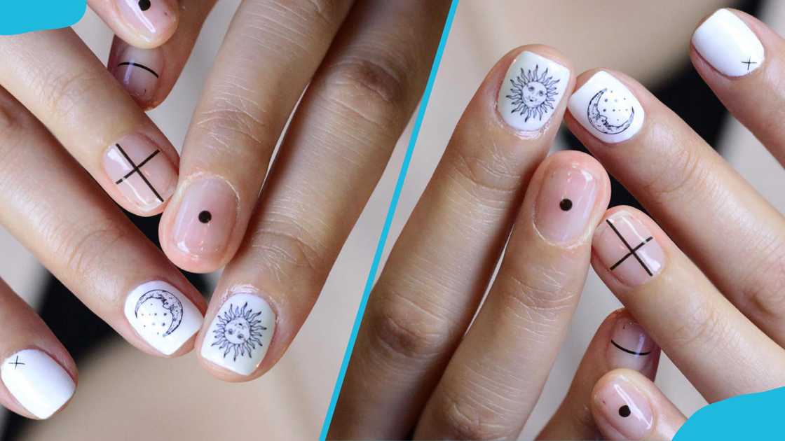 Sun, moon, and geometric nail tattoo art Sun, moon, and geometric nail tattoo art