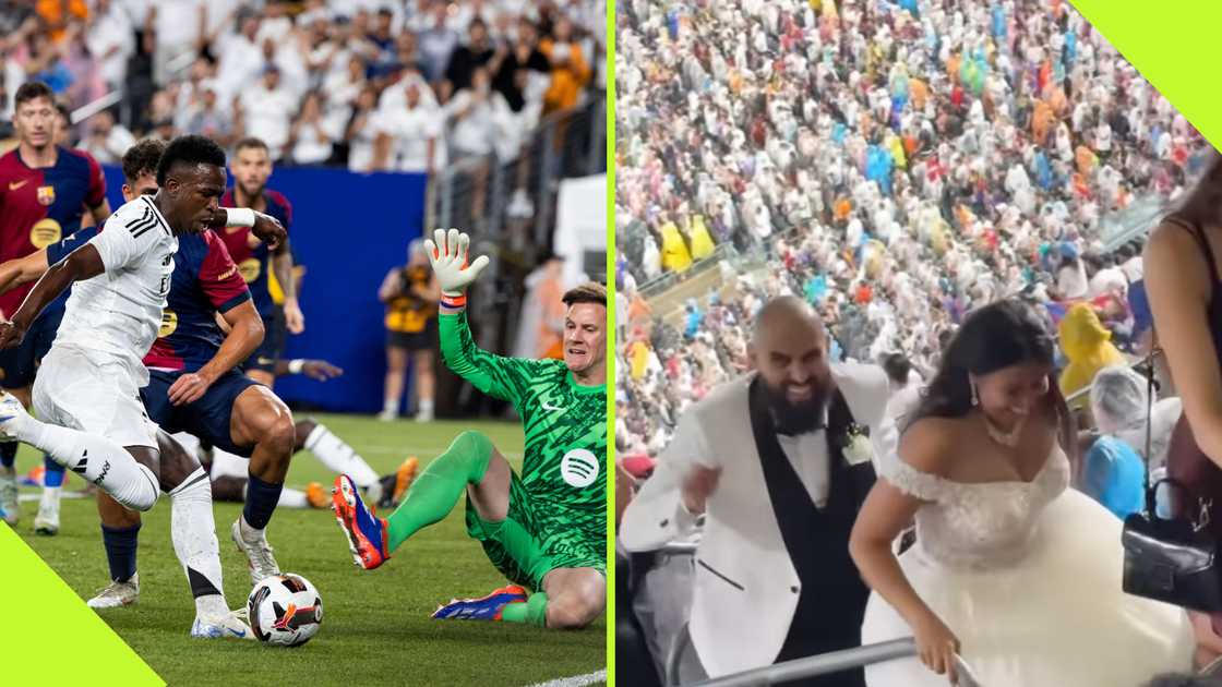 A newlywed couple was sighted at the Real Madrid vs Barcelona match at MetLife Stadium on August 3, 2024. Photos by Ira L. Black/Getty Images and @433/Instagram. A newlywed couple was sighted at the Real Madrid vs Barcelona match at MetLife Stadium on August 3, 2024. Photos by Ira L. Black/Getty Images and @433/Instagram.