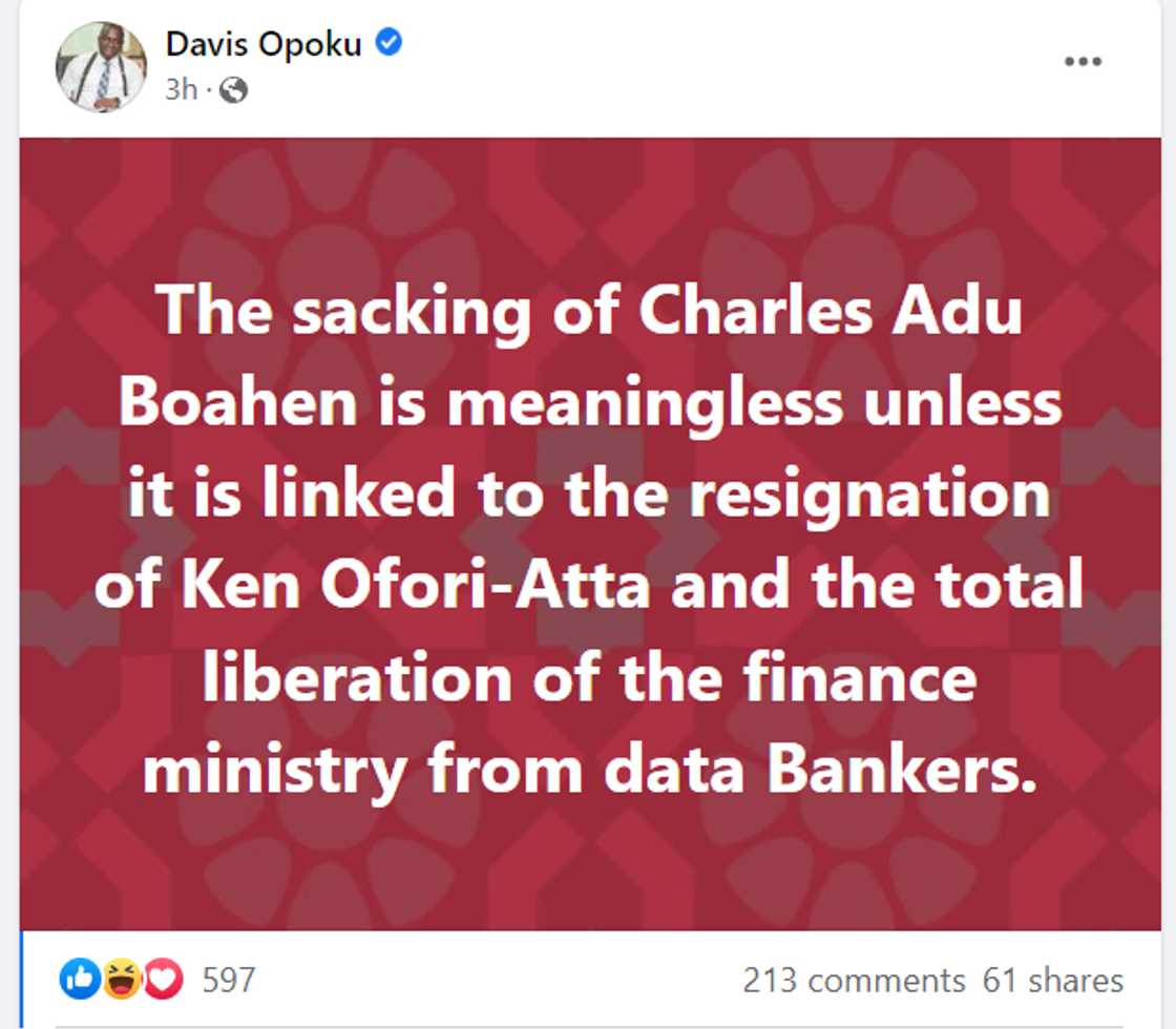 Davis Opoku says the sacking of Adu Boahen is meaningless. Davis Opoku says the sacking of Adu Boahen is meaningless.