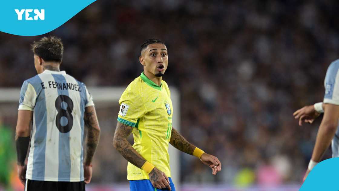 Raphinha of Brazil reacts during the South of American FIFA World Cup 2026 Qualifier between Argentina and Brazil at Estadio Más Monumental Antonio Vespucio Liberti on March 25, 2025 in Buenos Aires, Argentina Raphinha of Brazil reacts during the South of American FIFA World Cup 2026 Qualifier between Argentina and Brazil at Estadio Más Monumental Antonio Vespucio Liberti on March 25, 2025 in Buenos Aires, Argentina