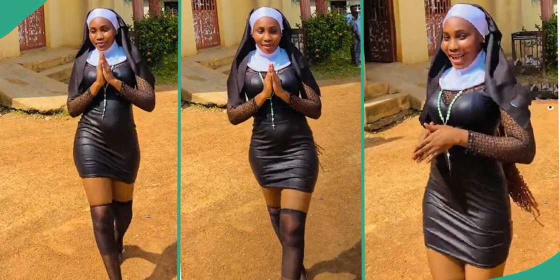 Nigerian lady dresses up as a nun to school.