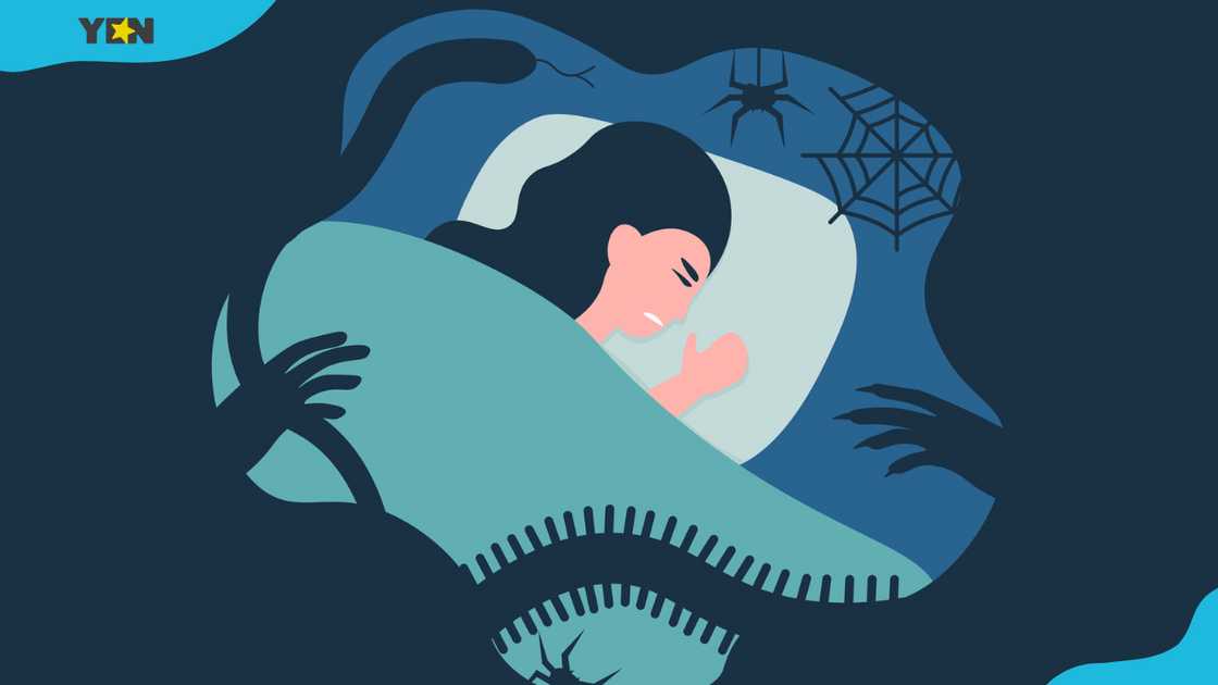 Woman in bed having nightmares about spiders