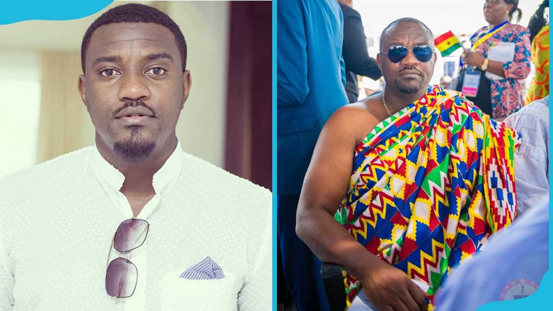 R: John Domelu in a white shirt. L: John Domelu wearing a traditional gown at an event R: John Domelu in a white shirt. L: John Domelu wearing a traditional gown at an event