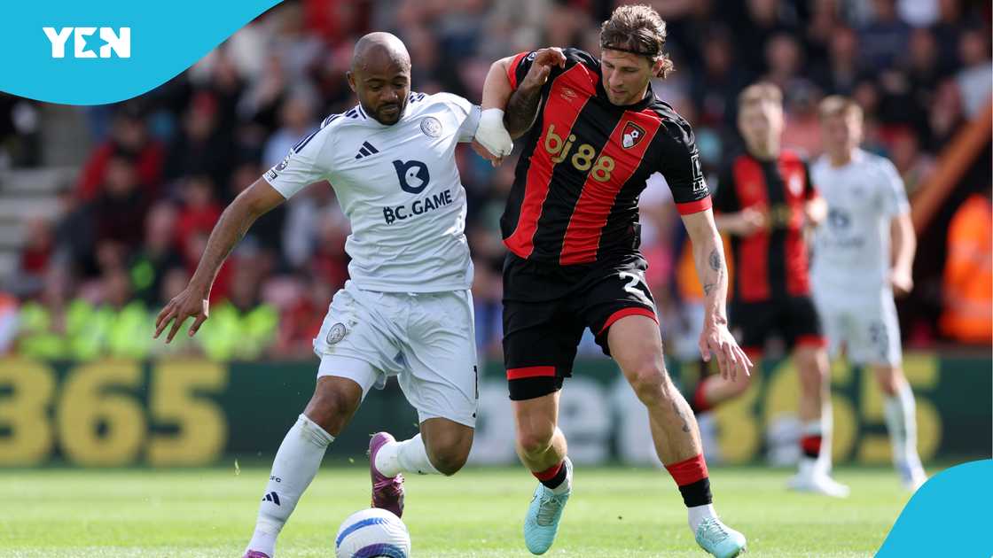 Jordan Ayew, Leicester City, AFC Bournemouth, Illya Zabarnyi, Ghana, Black Stars, Premier League game. Jordan Ayew, Leicester City, AFC Bournemouth, Illya Zabarnyi, Ghana, Black Stars, Premier League game.