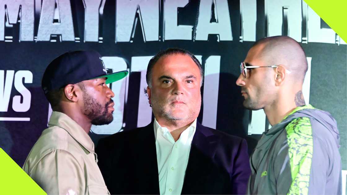 Floyd Mayweather faces off against John Gotti III. Floyd Mayweather faces off against John Gotti III.