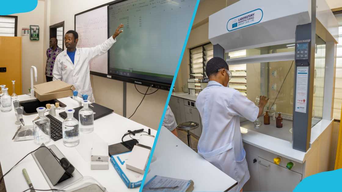 A teacher demonstrating on a white board. A student using a fumed chamber