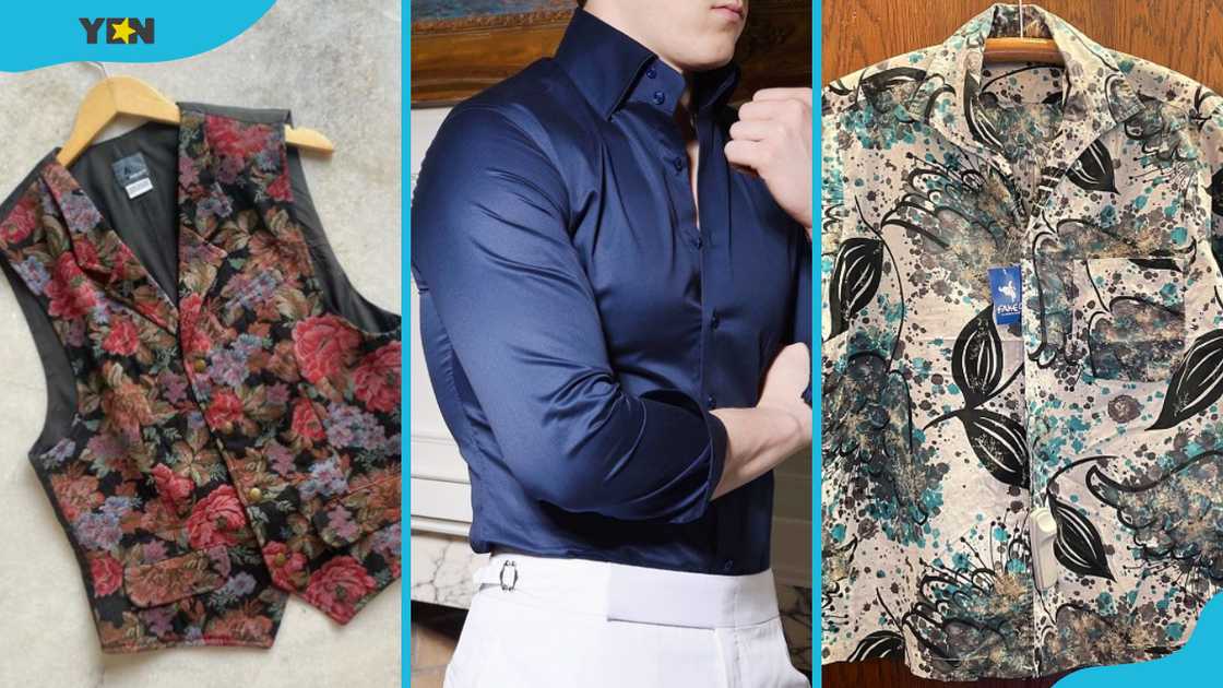 A waistcoat (L), a man wearing a navy blue shirt (C) and multi-patterned shirt (R) A waistcoat (L), a man wearing a navy blue shirt (C) and multi-patterned shirt (R)