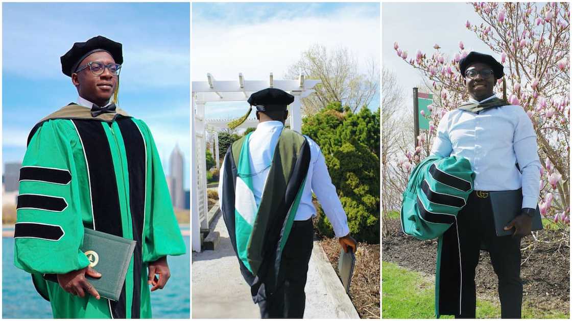 Shamsideen Ali posed in his graduation gown. Shamsideen Ali posed in his graduation gown.