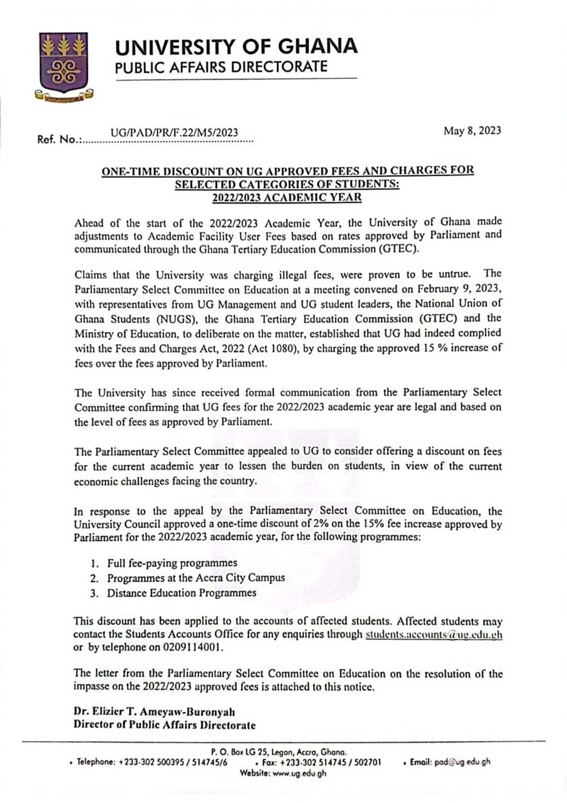 University of Ghana statement on 2% discount University of Ghana statement on 2% discount