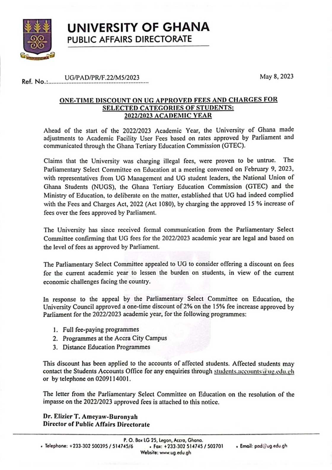 University of Ghana statement on 2% discount