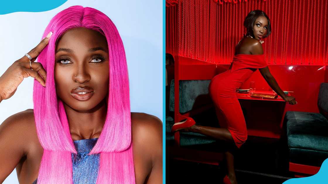 Zaidra James poses in sleek pink hair (L) and in a red dress and matching heels (R). Zaidra James poses in sleek pink hair (L) and in a red dress and matching heels (R).