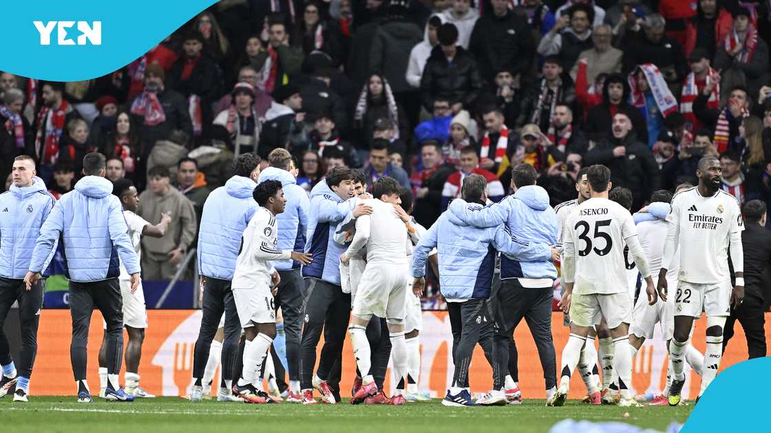 Real Madrid edged rivals Atletico Madrid to reach the last eight of the Champions League. Real Madrid edged rivals Atletico Madrid to reach the last eight of the Champions League.