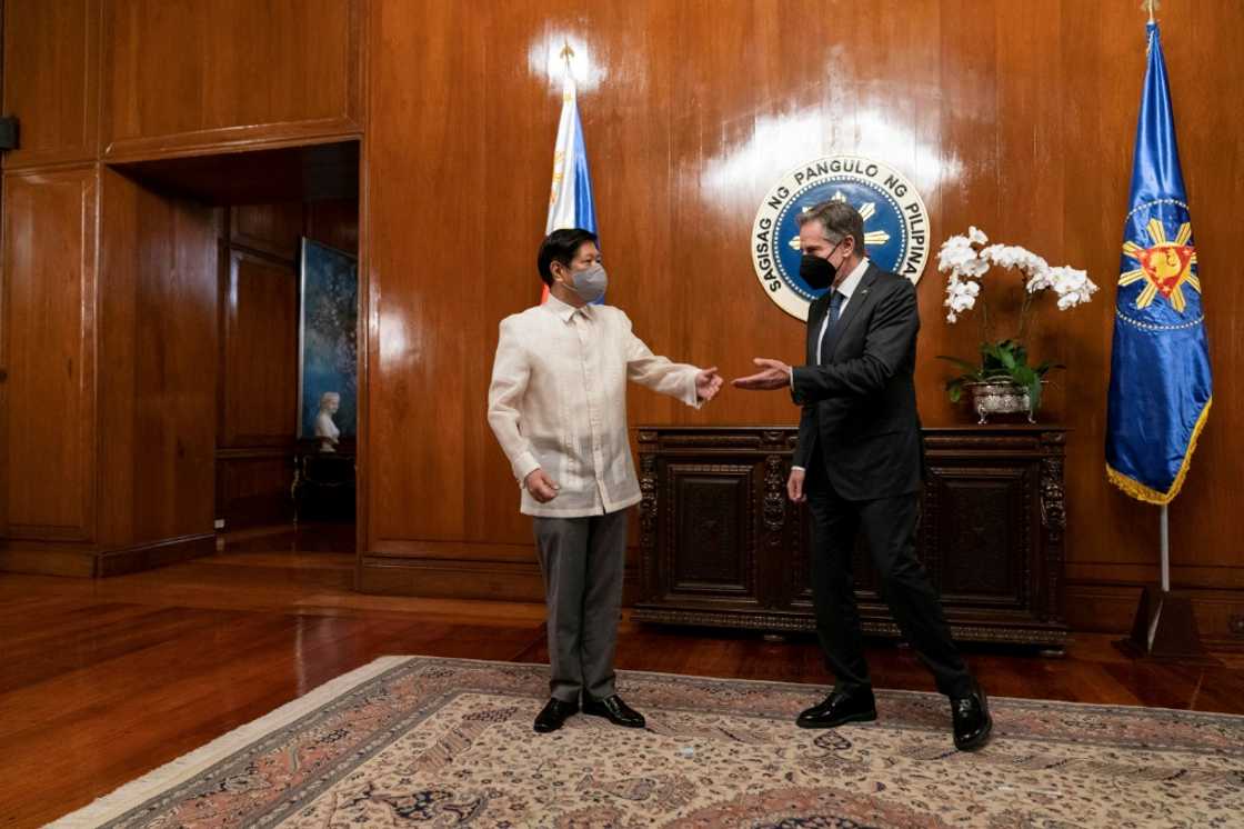US Secretary of State Antony Blinken (R) meets with Philippine President Ferdinand Marcos Jr on Saturday at Malacanang Palace in Manila US Secretary of State Antony Blinken (R) meets with Philippine President Ferdinand Marcos Jr on Saturday at Malacanang Palace in Manila