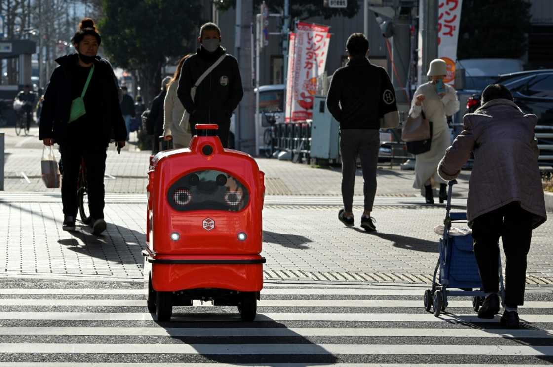 A four-wheeled robot dodges pedestrians on a street outside Tokyo, part of an experiment businesses hope will tackle labour shortages and rural isolation