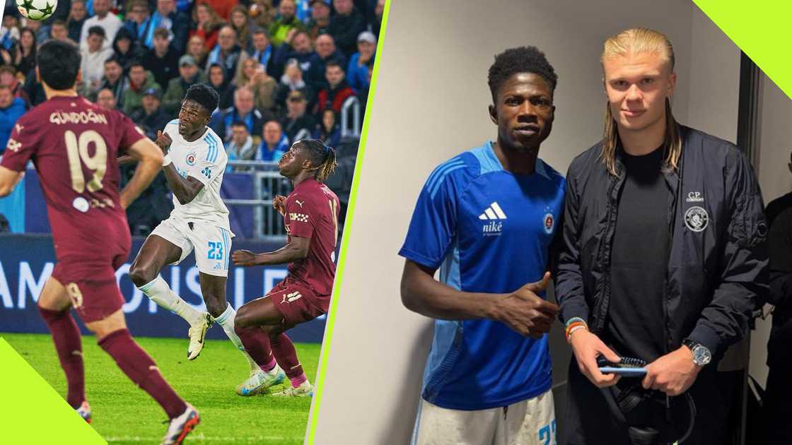 Zuberu Sharani meets Manchester City star Erling Haaland after their teams' Champions League game. Zuberu Sharani meets Manchester City star Erling Haaland after their teams' Champions League game.