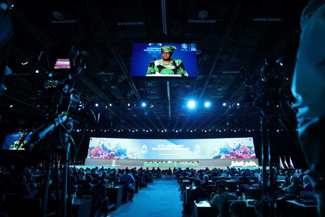 Director-General of the World Trade Organization (WTO) Ngozi Okonjo-Iweala addresses delegates during a session on fisheries subsidies during the 13th WTO Ministerial Conference in Abu Dhabi of February 26, 2024. The world's trade ministers gathered in the UAE on February 26 for a high-level WTO meeting with no clear prospects for breakthroughs, amid geopolitical tensions and disagreements. Director-General of the World Trade Organization (WTO) Ngozi Okonjo-Iweala addresses delegates during a session on fisheries subsidies during the 13th WTO Ministerial Conference in Abu Dhabi of February 26, 2024. The world's trade ministers gathered in the UAE on February 26 for a high-level WTO meeting with no clear prospects for breakthroughs, amid geopolitical tensions and disagreements.