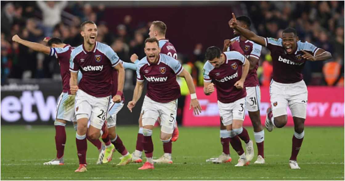 West Ham players celebrate after Said Benrahma of West Ham United scored the winning penalty in the shootout during the Carabao Cup Round of 16 against Man City (Photo by Mike Hewitt/Getty Images) West Ham players celebrate after Said Benrahma of West Ham United scored the winning penalty in the shootout during the Carabao Cup Round of 16 against Man City (Photo by Mike Hewitt/Getty Images)