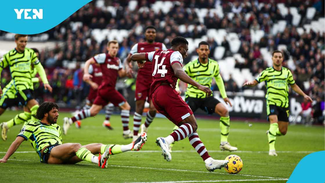 Mohammed Kudus, West Ham United, Arsenal, London Stadium. Mohammed Kudus, West Ham United, Arsenal, London Stadium.