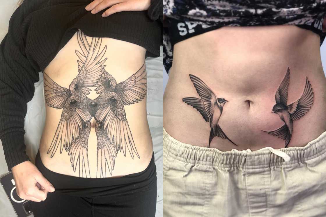 A woman with birds wings tattoo (L) and another one with 2 birds tattoo A woman with birds wings tattoo (L) and another one with 2 birds tattoo