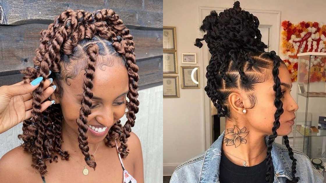 Women wearing Updo twists with bangs Women wearing Updo twists with bangs