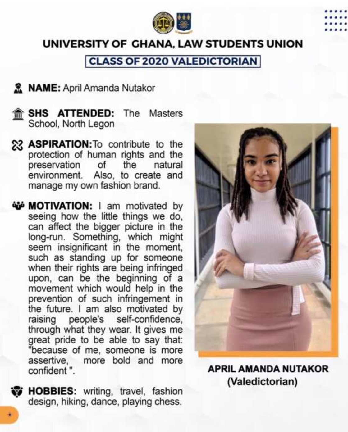 April Amanda Nutakor: Meet the young lady who made history with 3.84 GPA as a Law graduate from Legon