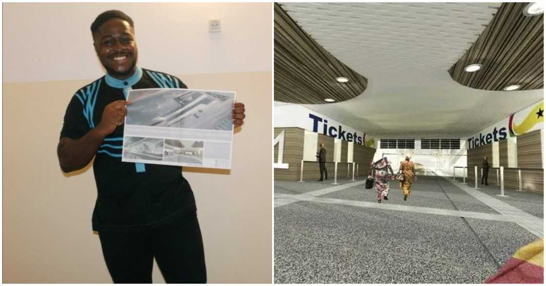 Stephen poses with his architectural design of a railway station in Accra Stephen poses with his architectural design of a railway station in Accra