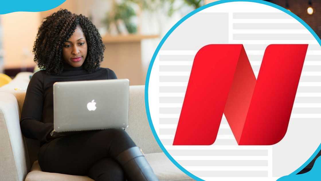A woman working on her laptop and the Opera News App logo A woman working on her laptop and the Opera News App logo