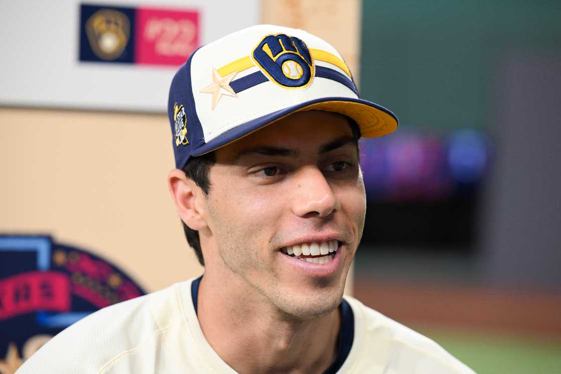 Christian Yelich of the Milwaukee Brewers speaks to the media in Arlington, Texas