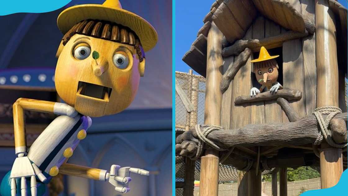 Pinocchio with his mouth open (L) and peeping from a wooden house (R)