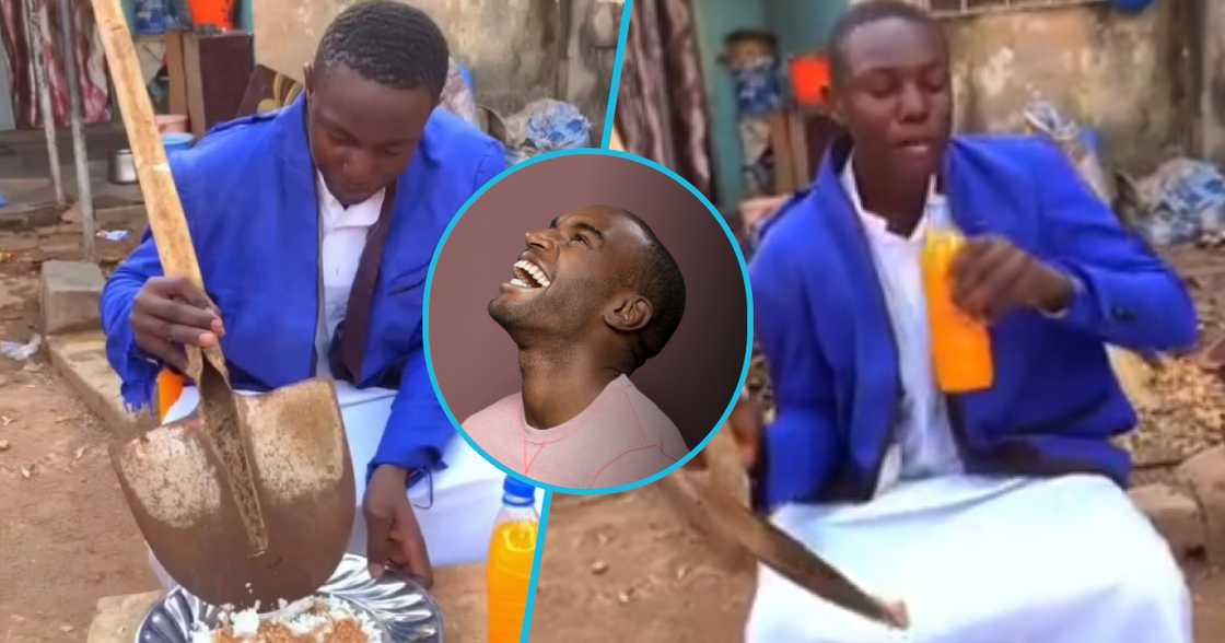 Young man enjoys meals with shovel.