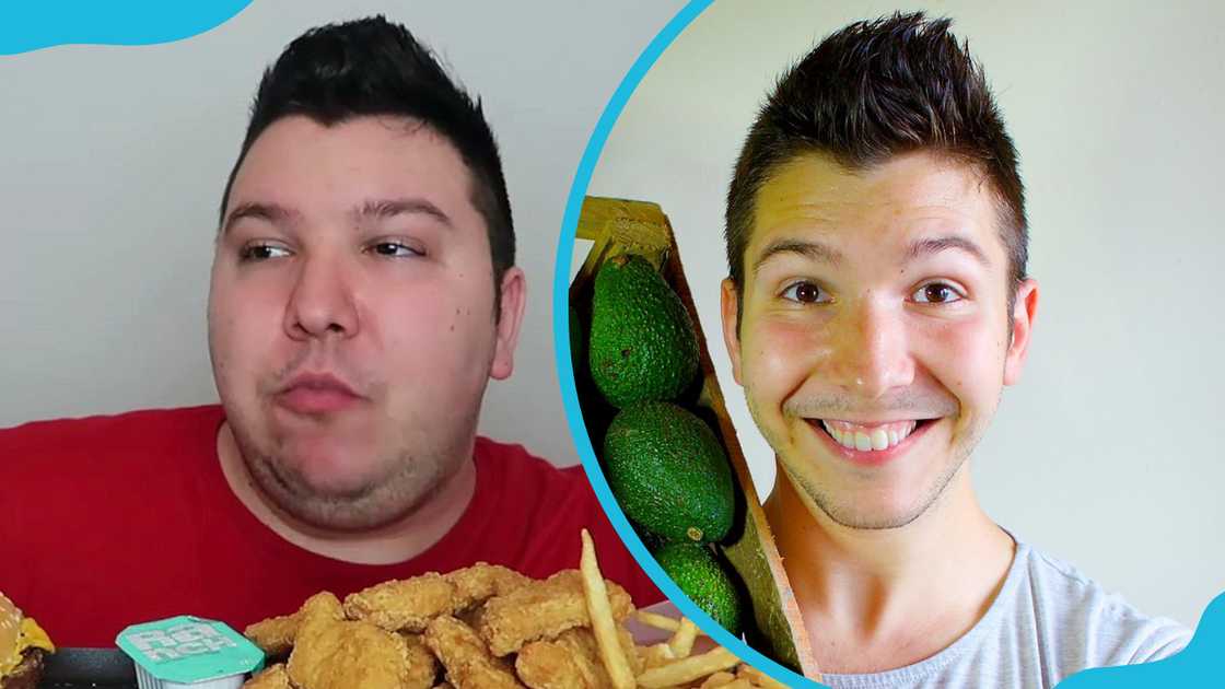 Nikocado Avocado during a mukbang session (L) and smiles holding a crate of avocadoes (R).