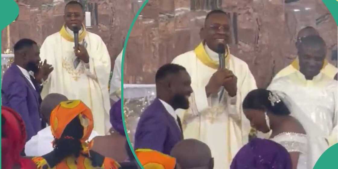 Priest stops groom from kissing too long.