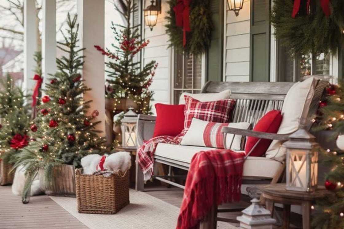 A front porch decorated with a classy seat, glittering Christmas trees, and wreaths