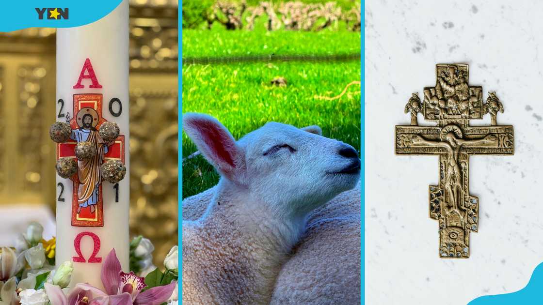 The Paschal candle, the lamb and the cross which make the three symbols of Easter The Paschal candle, the lamb and the cross which make the three symbols of Easter