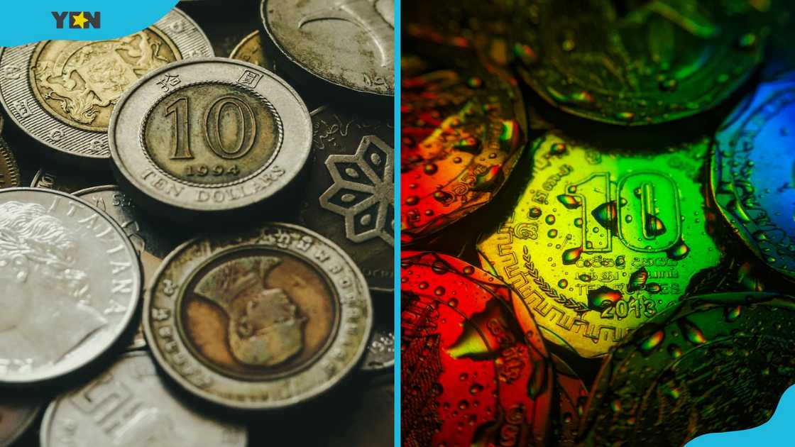 Stack of old golden and silver coins (L). Clean wet coins (R).