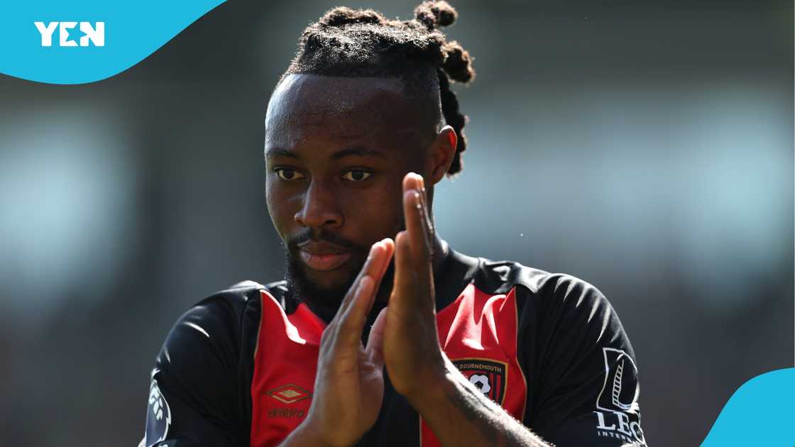 Ghana's Antoine Semenyo of AFC Bournemouth reacts during the Premier League match between AFC Bournemouth and Manchester United FC at Vitality Stadium on April 27, 2025 in Bournemouth, England