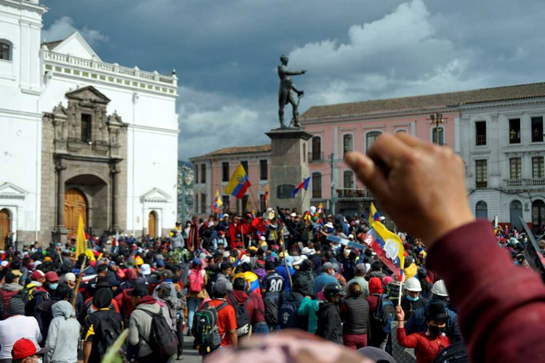 Indigenous people march in downtown Quito on June 22, 2022, on the tenth day of protests against the Ecuadorean government Indigenous people march in downtown Quito on June 22, 2022, on the tenth day of protests against the Ecuadorean government