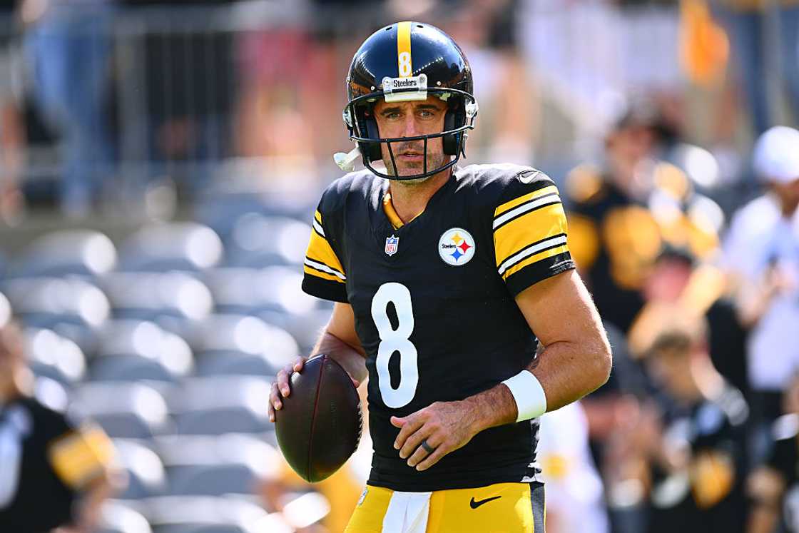 Aaron Rodgers #8 of the Pittsburgh Steelers warms up before a game. Aaron Rodgers #8 of the Pittsburgh Steelers warms up before a game.