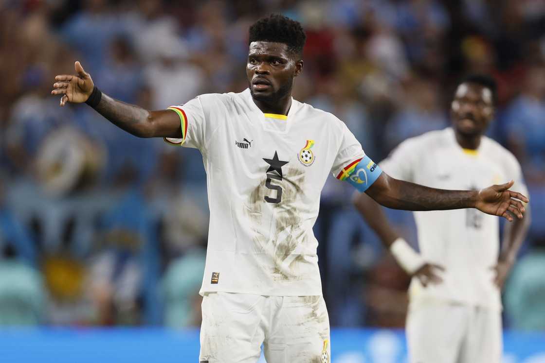 Thomas Partey of Ghana gestures during the FIFA World Cup Qatar 2022 Group H match between Ghana and Uruguay at Al Janoub Stadium on December 02, 2022 in Doha, Qatar Thomas Partey of Ghana gestures during the FIFA World Cup Qatar 2022 Group H match between Ghana and Uruguay at Al Janoub Stadium on December 02, 2022 in Doha, Qatar