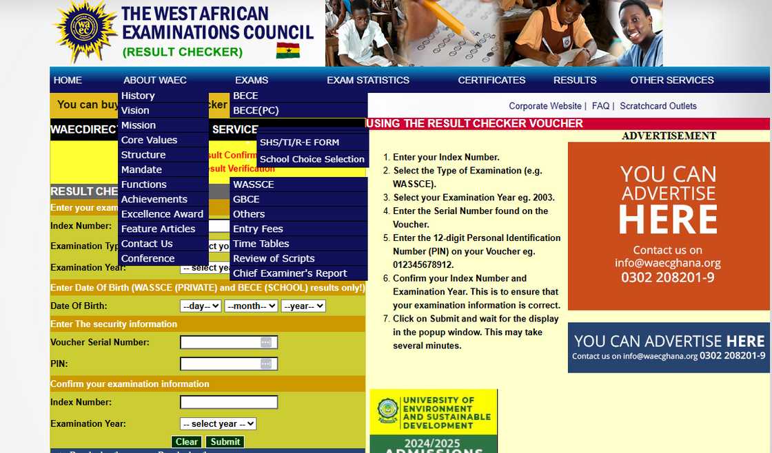 The WAEC result checker homepage