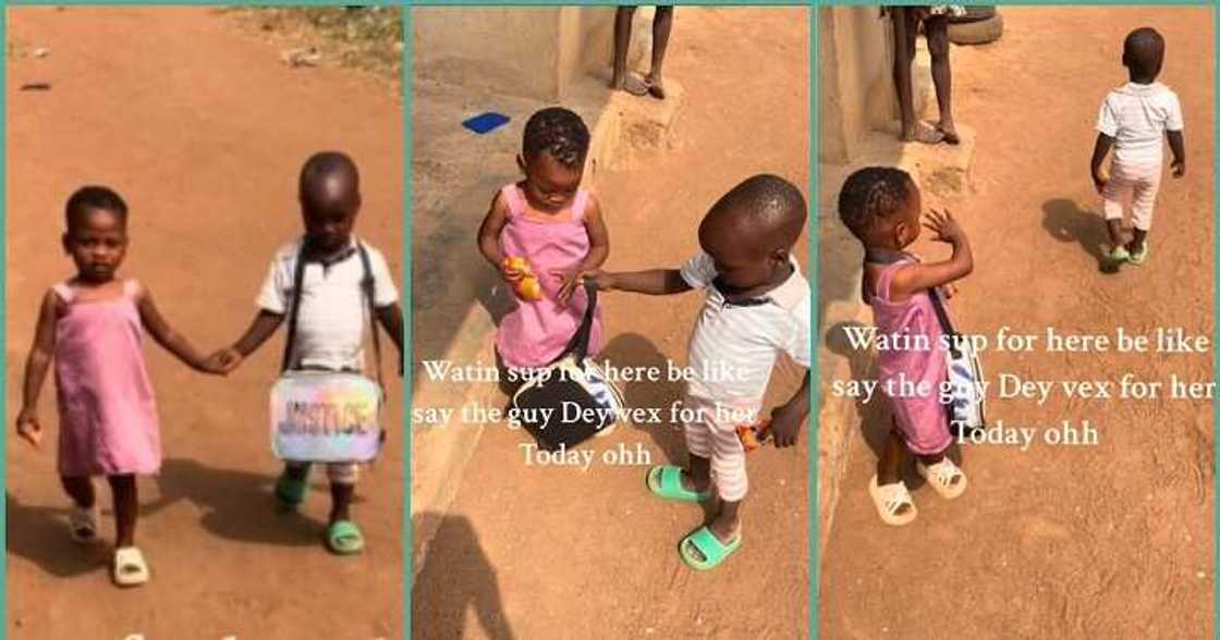 Little boy frowns his face as he escorts classmate to her house