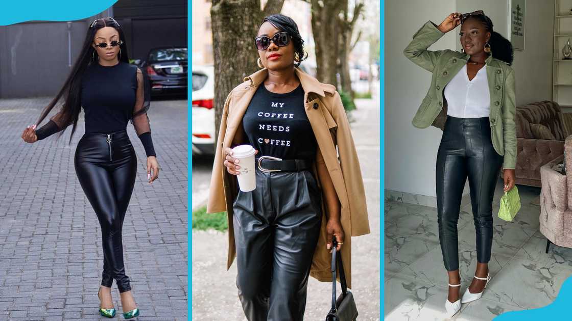 Three women showcase various leather pants designs. Three women showcase various leather pants designs.