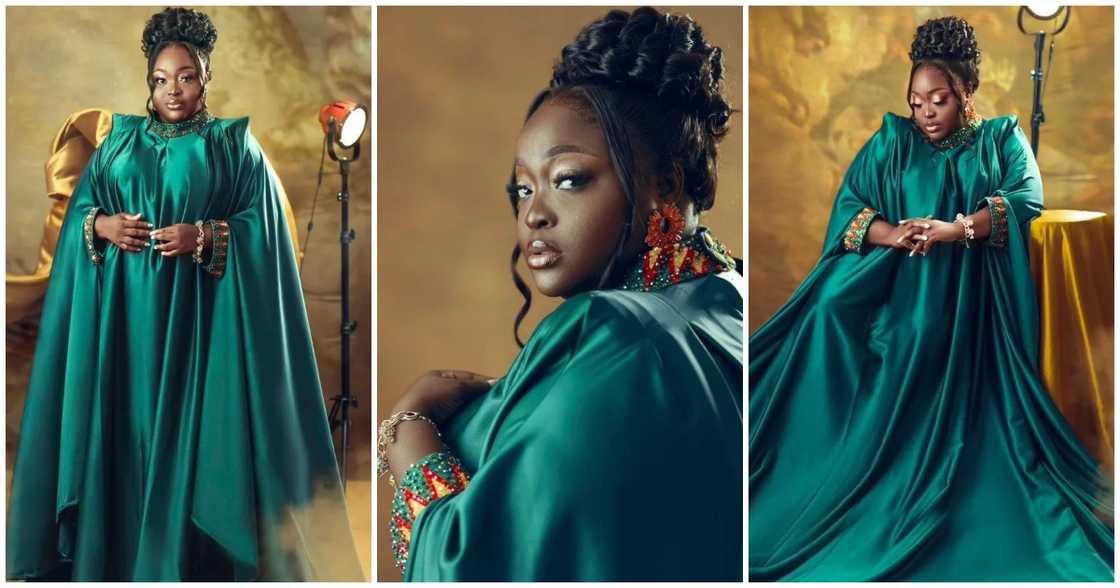 Roselyn Ngissah slays in a blue-green silk dress on her birthday