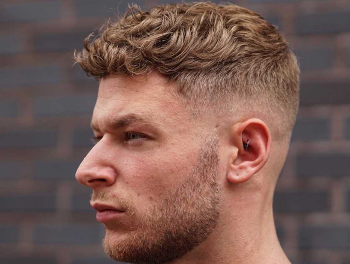 Curly blonde taper fade Curly blonde taper fade