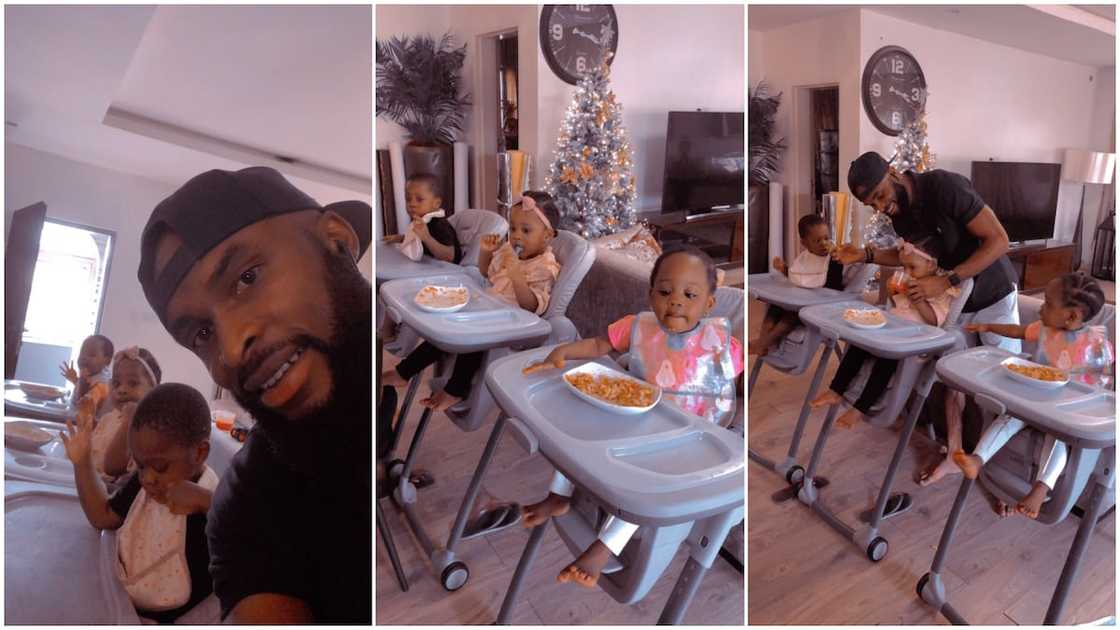 Photos of man babysitting cute triplets as they eat their food break the internet